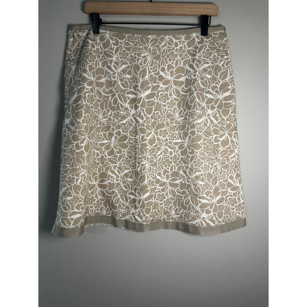 LL Bean Favorite Fit Straight Skirt Khaki‎ Tan White Floral Cotton Size 12 Reg